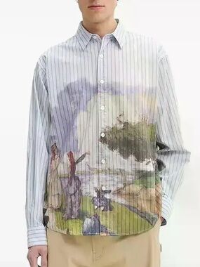 NWT DESIGUAL Painted Landscape Art Print Striped Button Down Shirt 100% Cotton
